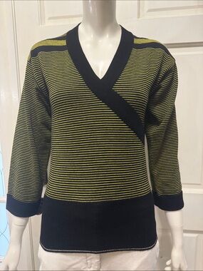 BASILE Vintage 100%Wool made In Italy Striped V-Neck Wrap Sweater Yellow-Black